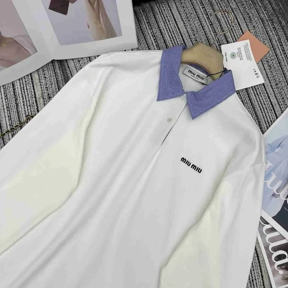 Miu Miu Women's White Long-Sleeve T-Shirt with Collar - Picture 3 of 8